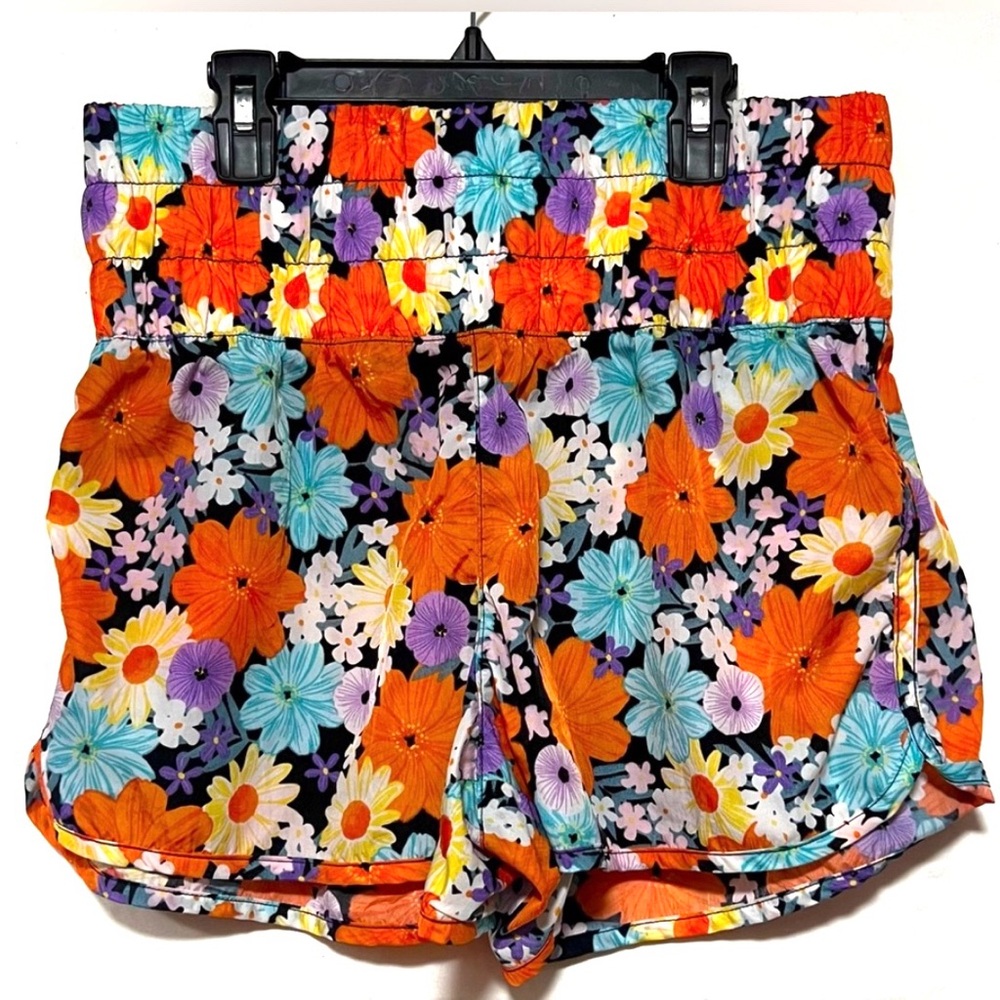 Women's Nylon Floral High Waist Paper Bag Shorts - Running Gym Activewear Casual